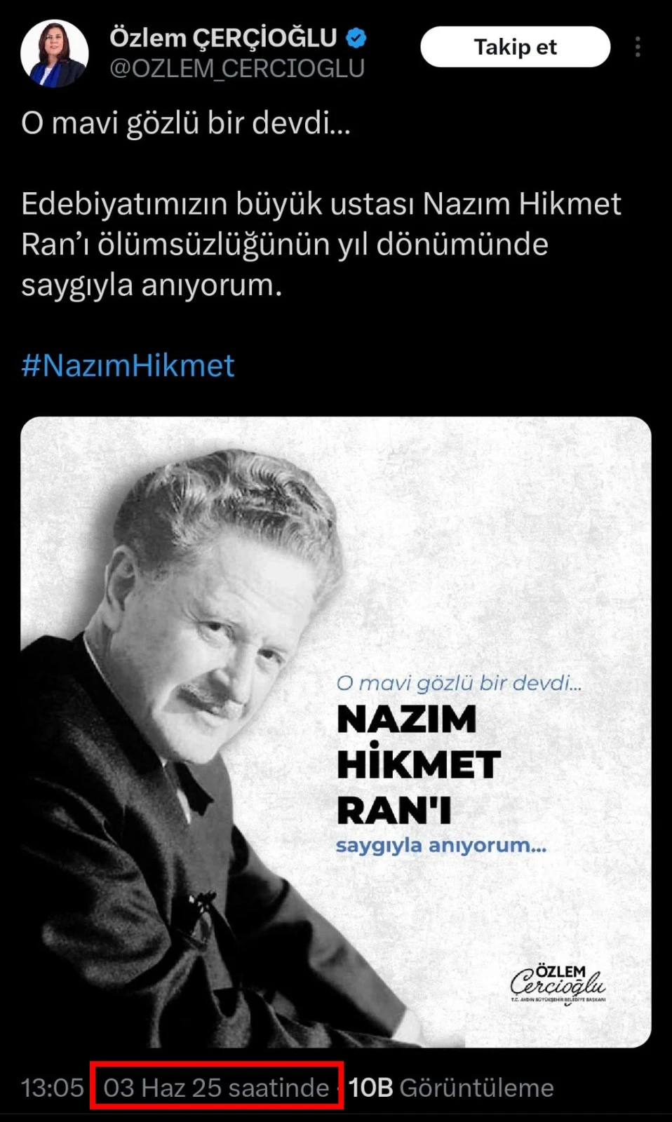 ÖZLEM ÇERÇİOĞLU AK PARTİ’YE GEÇİNCE NAZIM HİKMET’İ SESSİZLİĞE GÖMDÜ