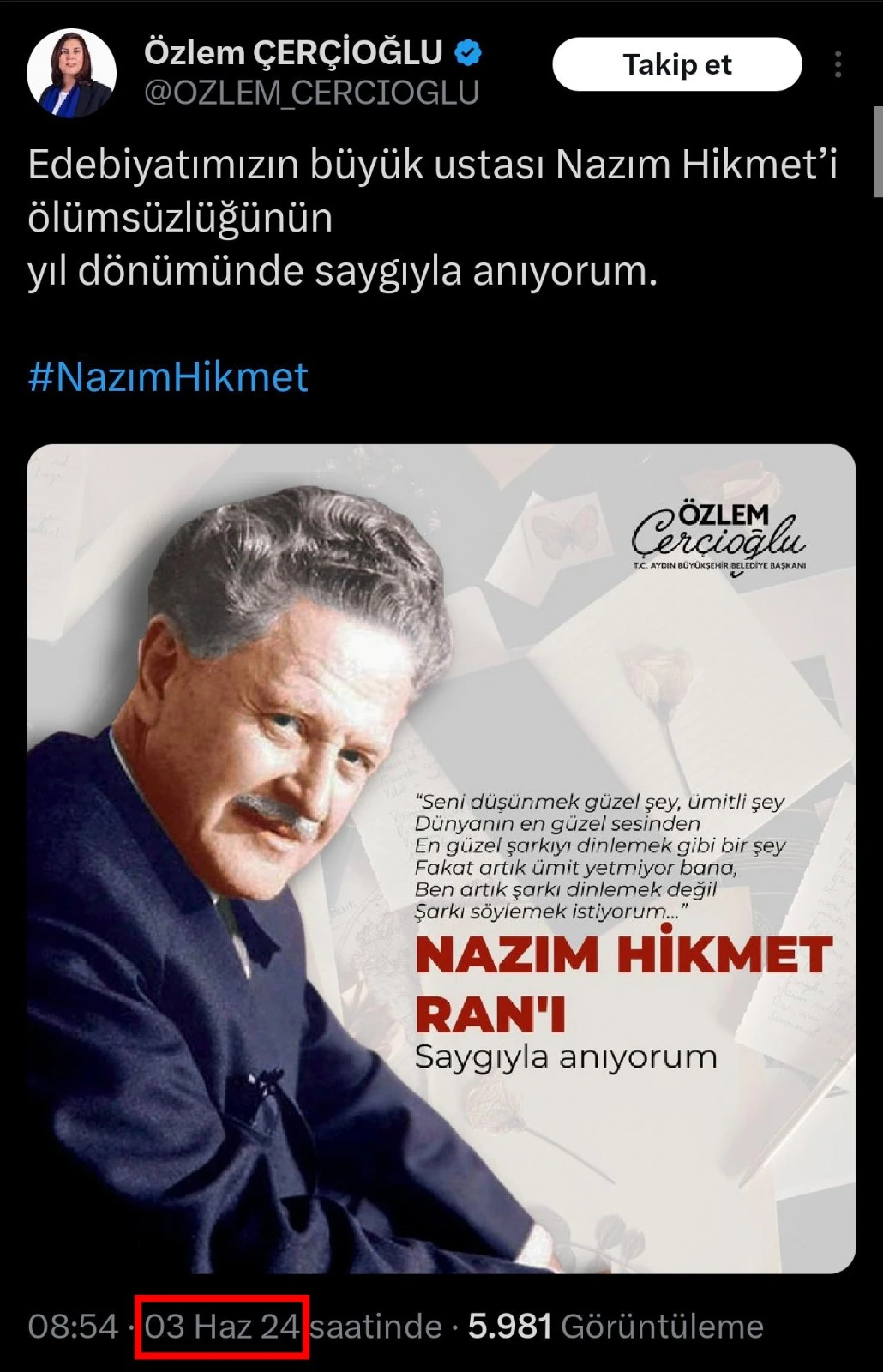 ÖZLEM ÇERÇİOĞLU AK PARTİ’YE GEÇİNCE NAZIM HİKMET’İ SESSİZLİĞE GÖMDÜ