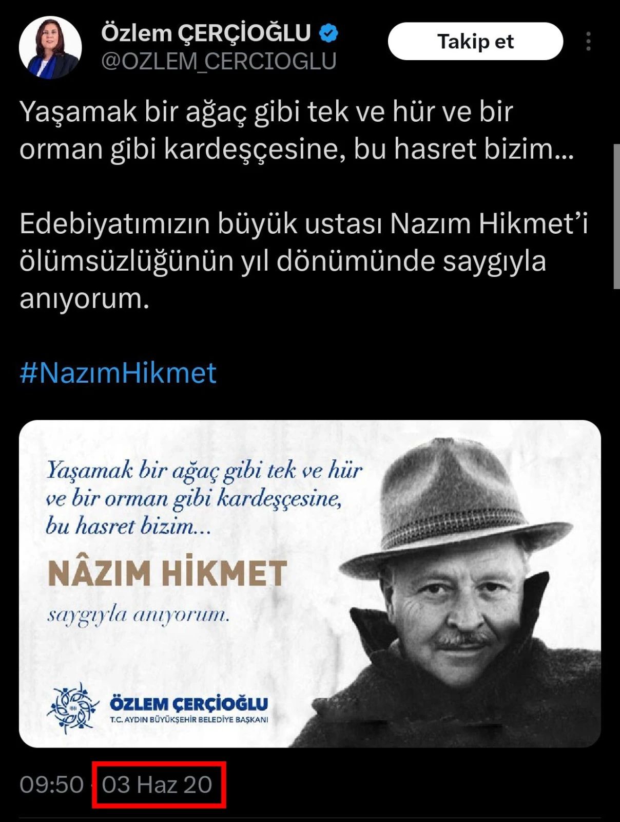 ÖZLEM ÇERÇİOĞLU AK PARTİ’YE GEÇİNCE NAZIM HİKMET’İ SESSİZLİĞE GÖMDÜ