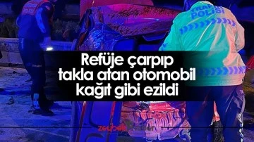 Ref&uuml;je &ccedil;arpıp takla atan otomobil kağıt gibi ezildi